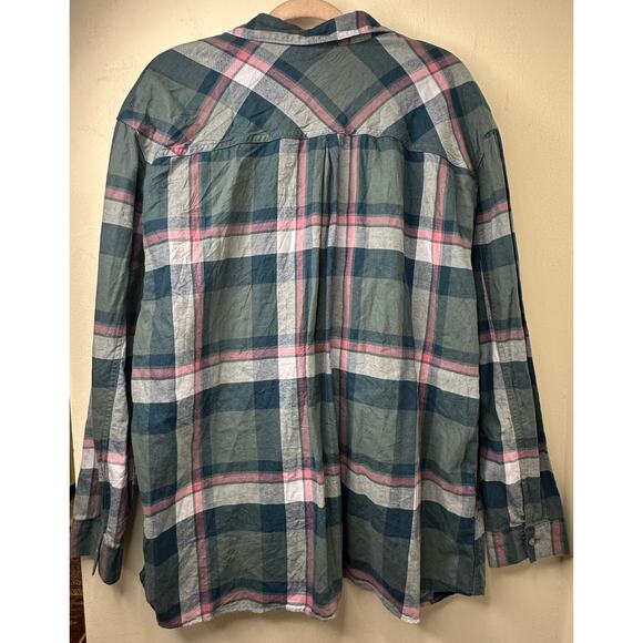 Tall 2XL Eddie Bauer Plaid Flannel Button Up Shirt Green Pink Cotton Boyfriend - Picture 6 of 6